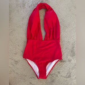 Deep Plunge Red One Piece Halter Swimsuit